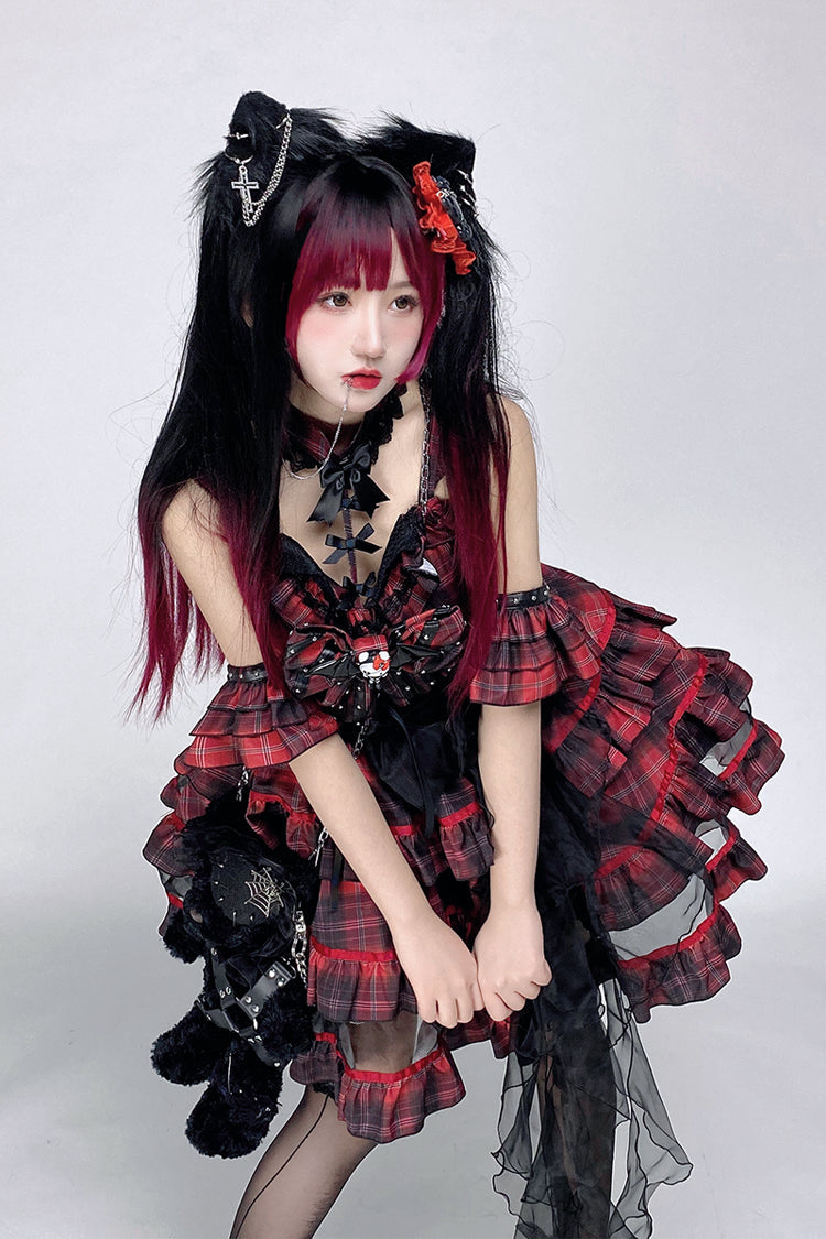 Crimson & Noir Punk Bow Accent Lolita Tiered Mini Dress with Japanese Rock Vibe
