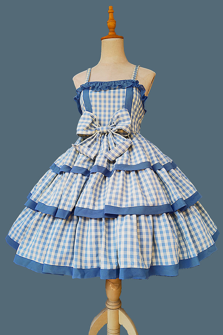 Blue Triple-Layered Plaid Ruffle Bow Sweet Lolita Dress
