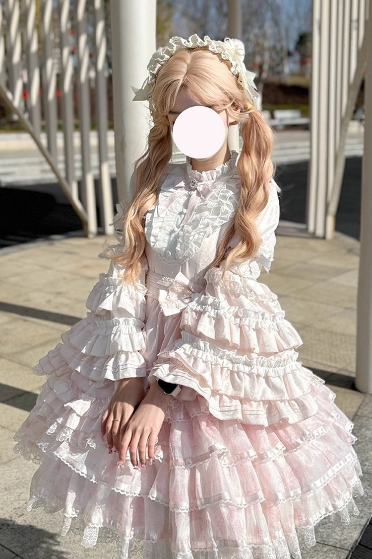 Pink Soloist Doll Long Hime Sleeve Multi-Layer Print Ruffle Bow Asymmetrical Sweet Lolita