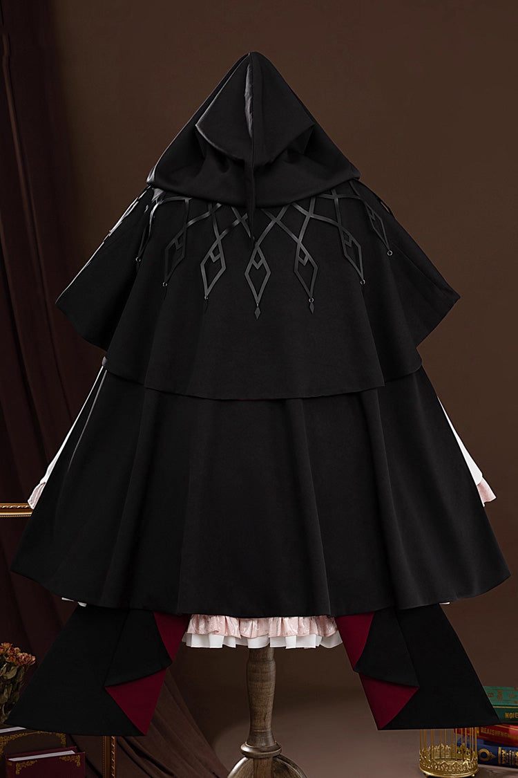 Long Sleeve Ruffle Cardigan Bowknot Lace Hooded Gothic Lolita Dress Set Black