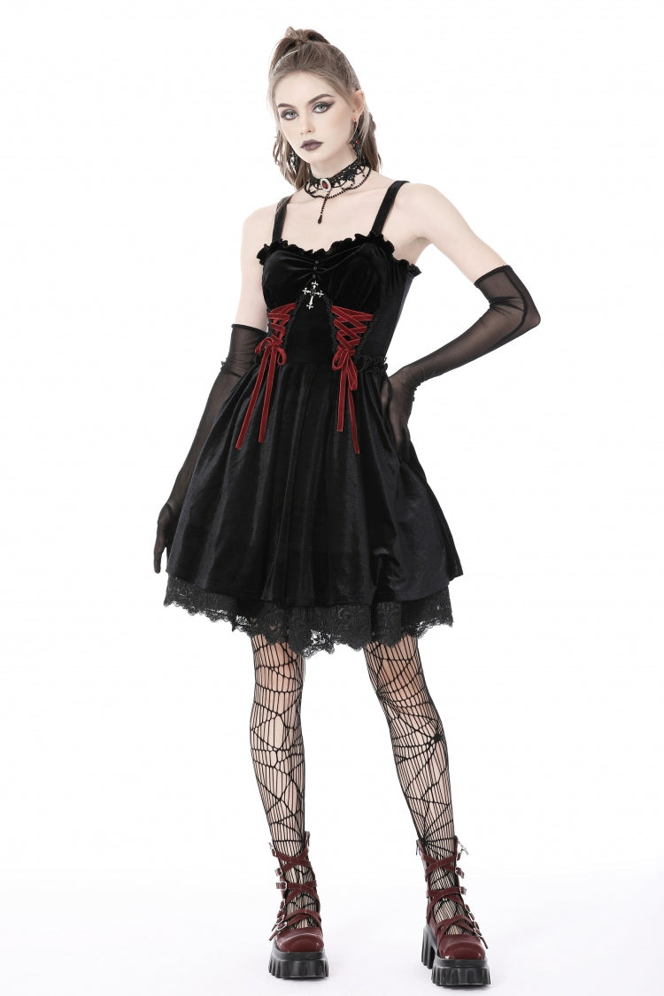 Crimson & Black Cross Lace-Up Velvet Slip Dress