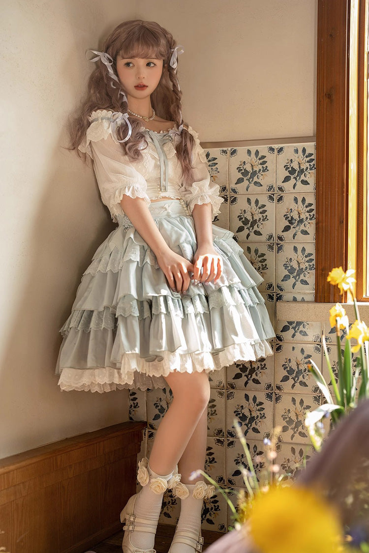 Powder Blue Rose Layered Princess Sweet Lolita Mini Skirt