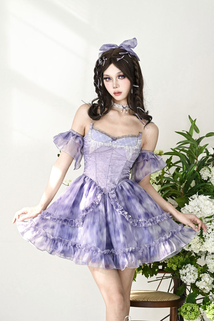 Teal Tie-Dyed Print Two-Piece Sweet Princess Jumper Dress with Lace