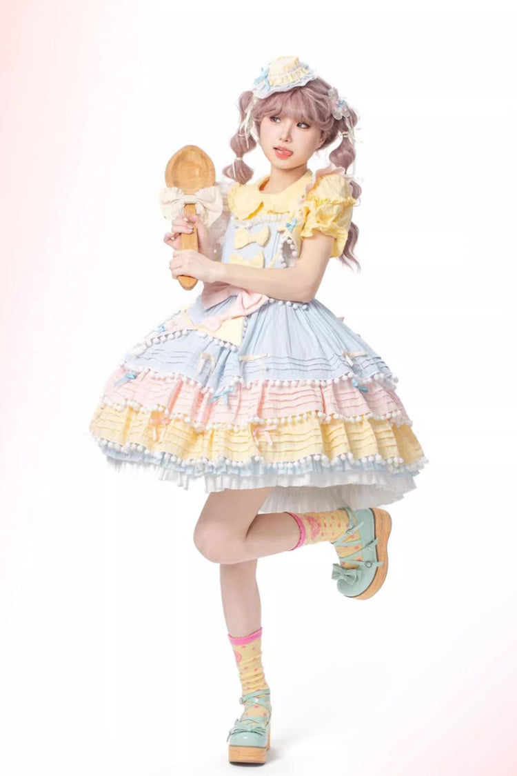 Blue Pink Yellow Sweetheart Macaron Ice Cream Multi-Layered Sweet Dress