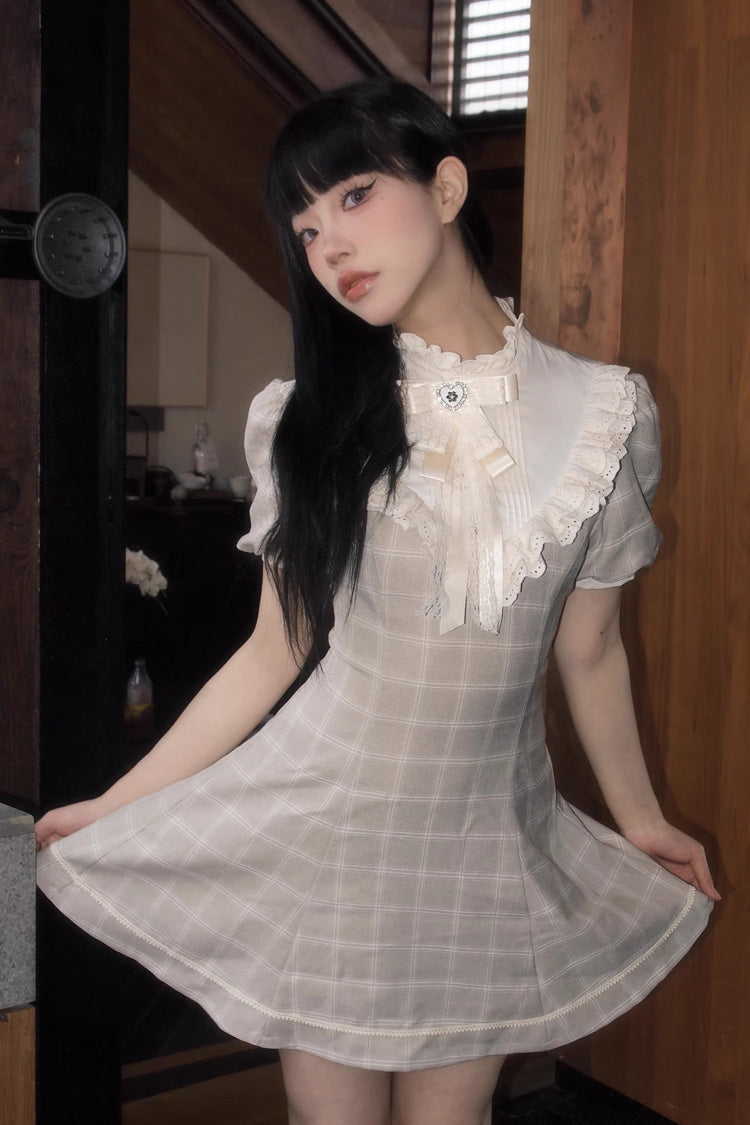 Apricot Plaid Printed Lace Japanese Dress