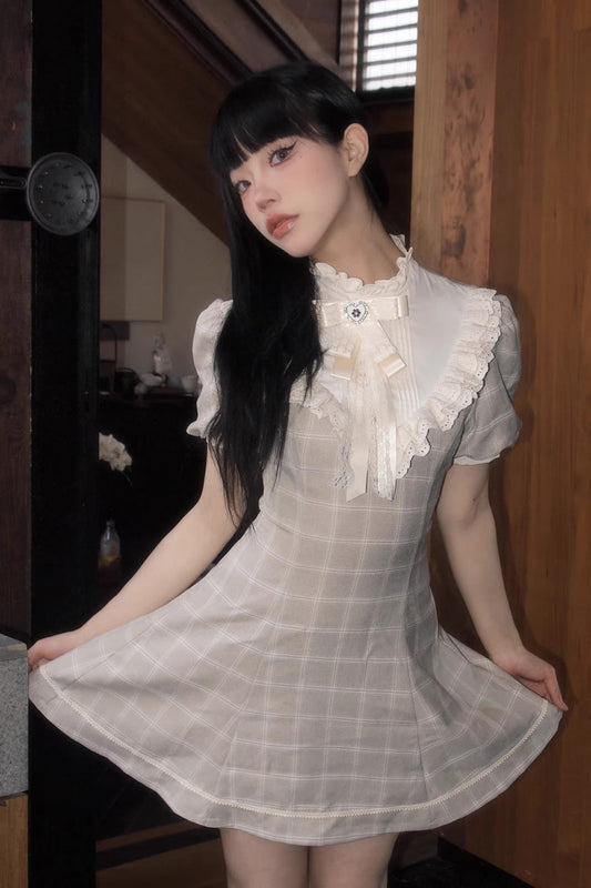 Apricot Plaid Printed Lace Japanese Dress