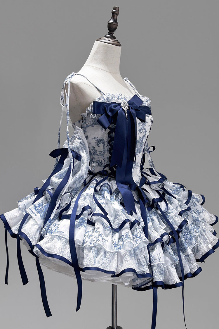 Cerulean and Ivory Sleeveless Multi-Layer Bow Print Chinese Classic Sweet Lolita JSK Short Dress