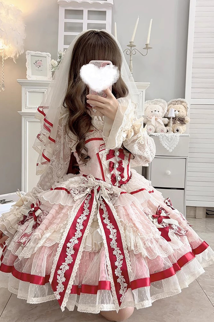 Moonstone Sleeveless Ruffle Embroidery Bow Lace Fishbone Princess Dress in Pink