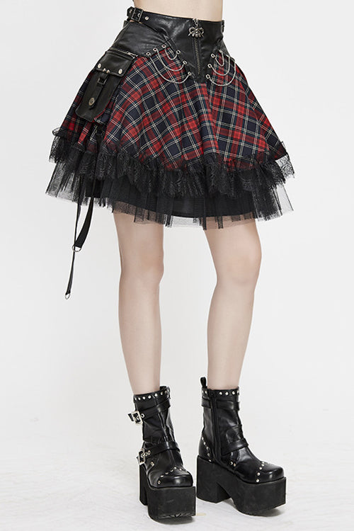 Scottish Tartan Lace-Up Punk Skirt with Bag