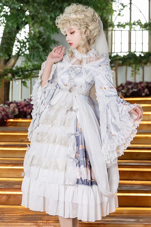 Ivory and Lavender Hanayome Cardigan High-Waist Flared Sleeve Layered Ruffled Sweet Lolita OP