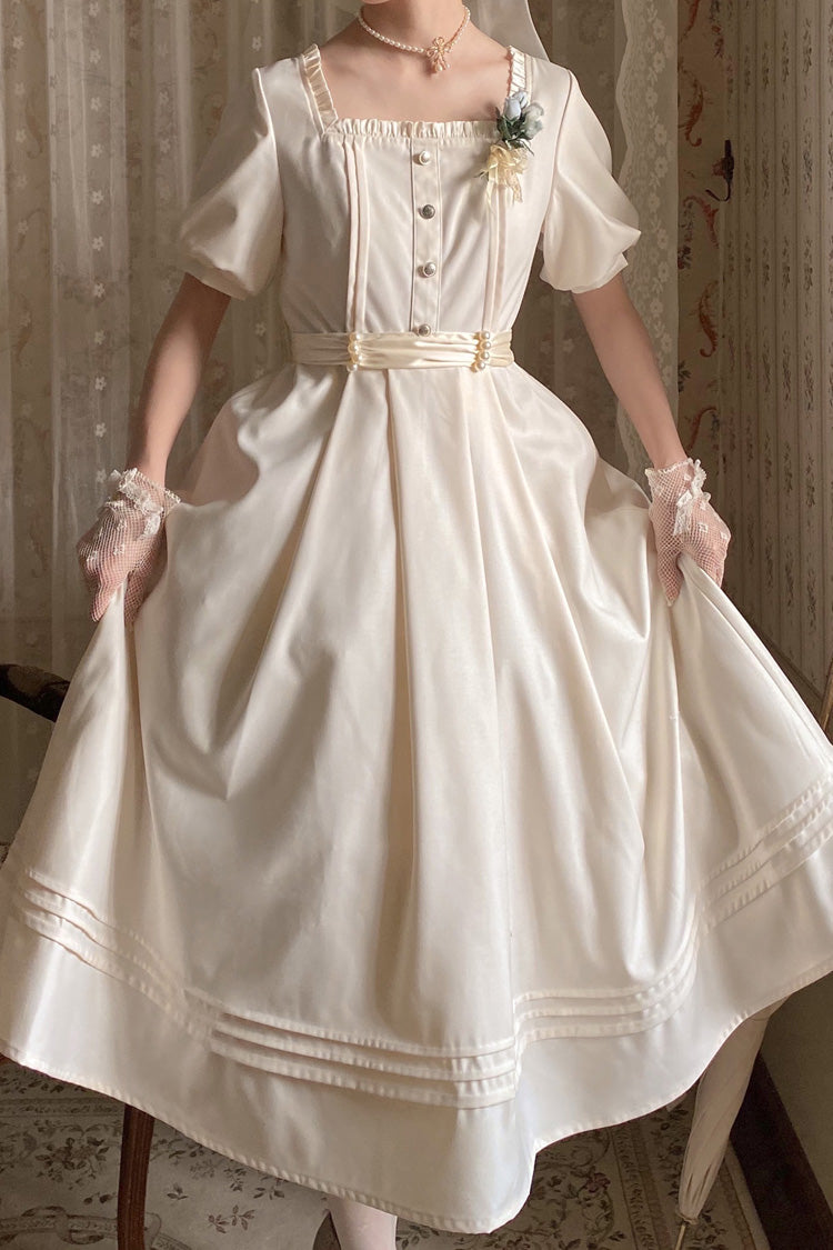 Apricot Classic Vintage Lolita Dress with Square Collar Short Sleeves and Ruffle Trim