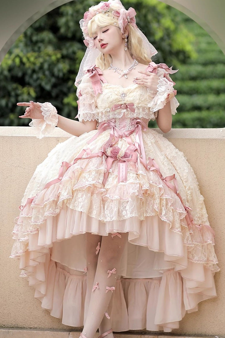 Diane Rose Pink Short Sleeves Multi-Layered Jacquard Ruffle Hanayome Cardigan Bowknot Lace Sweet Dress