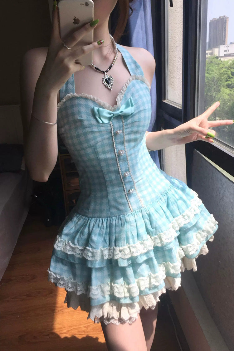 Halter Sleeveless Layered Ruffled Bow Sweet JSK - Summer Mint