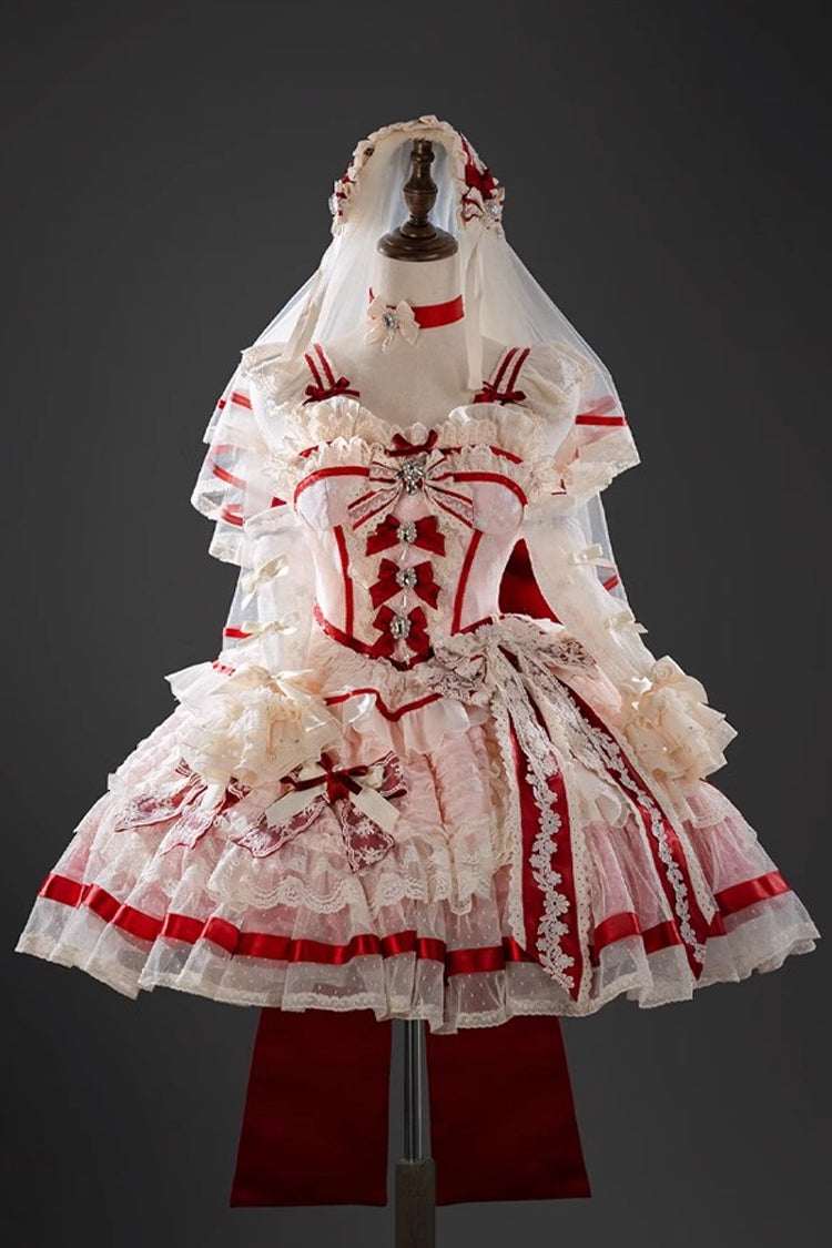 Moonstone Sleeveless Ruffle Embroidery Bow Lace Fishbone Princess Dress in Pink