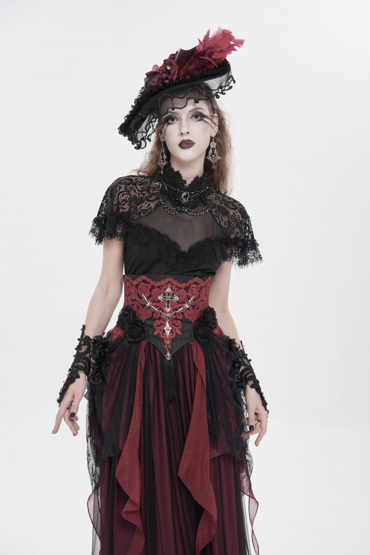 Crimson & Noir Embroidered Rose Underbust Corset with Lace Accents