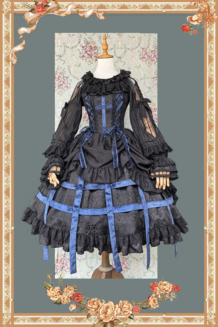 Sleeveless Printed Ruffled Bow Lace-Up Gothic Elegant Jsk Dress - Two Colors