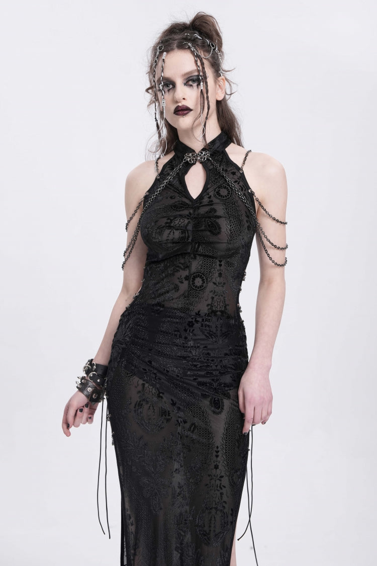 Stylish Black Cheongsam Collar Side Slit Embroidered Sleeveless Halter Gothic Dress