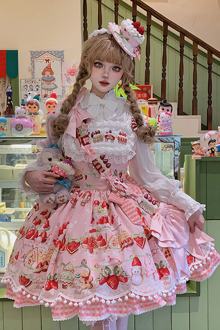 Mint Strawberry Dessert Printed Natural Waist Sweet Lolita JSK Dress - Ruffled
