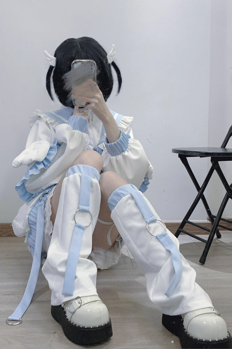 Angelic Letter Print Long Sleeve Coat in White/Blue