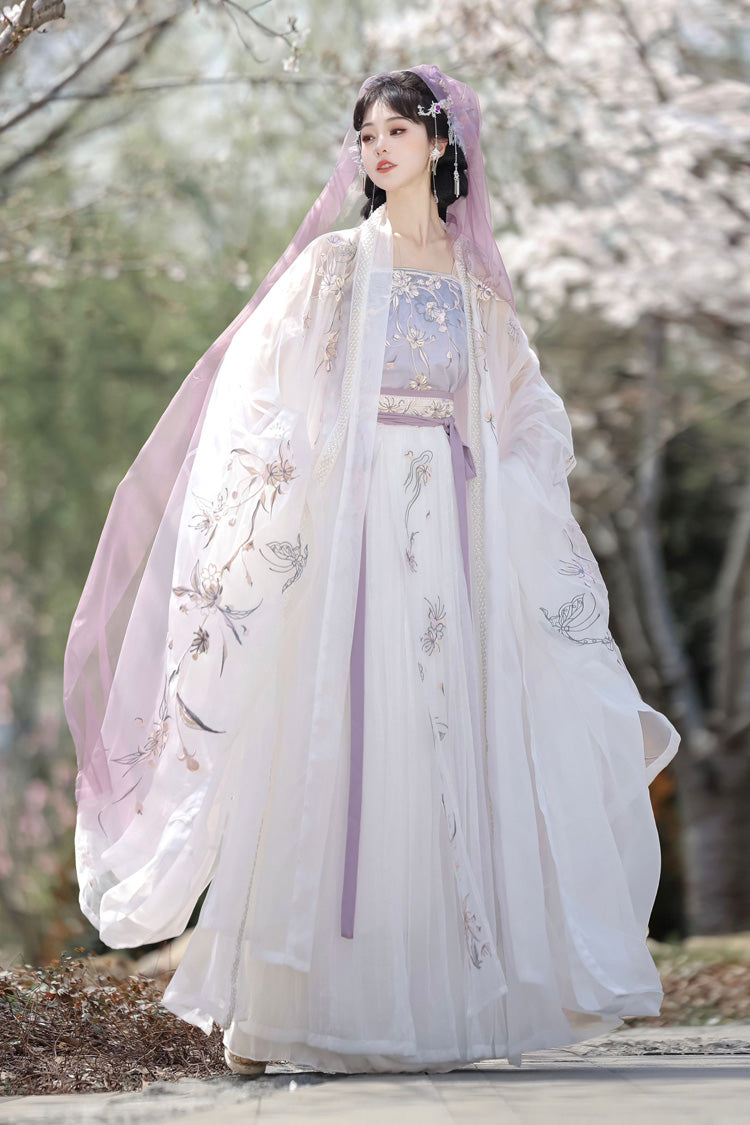 Violet Qing Dynasty Embroidered Ruffled Hanfu Set