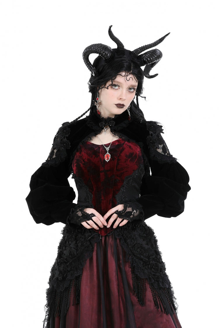 Jet-Black Gothic Cape with Velvet Panels and Lantern Sleeves