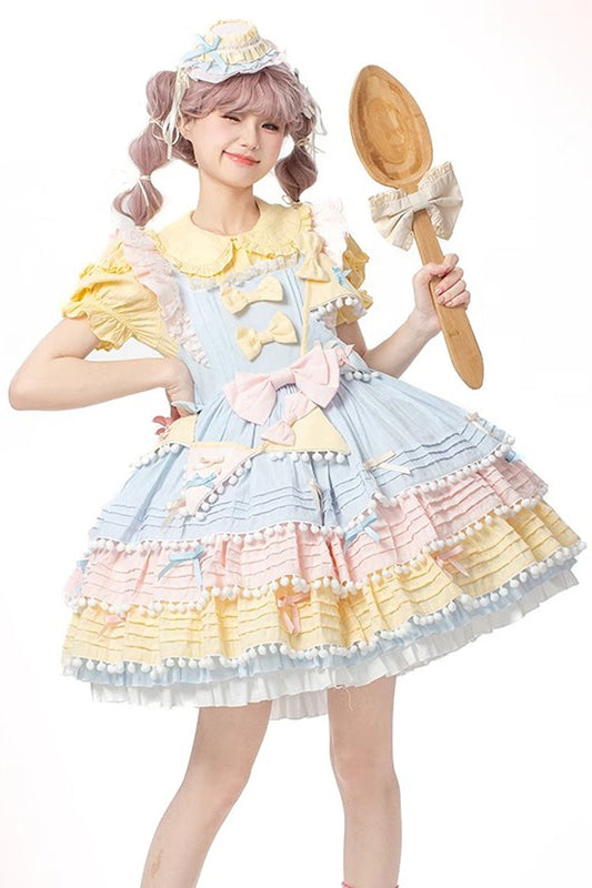 Blue Pink Yellow Sweetheart Macaron Ice Cream Multi-Layered Sweet Dress