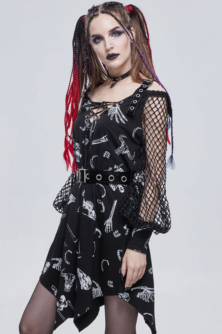 Knit Bone Print Sling Grommet Strap Long Sleeve Gothic Dress