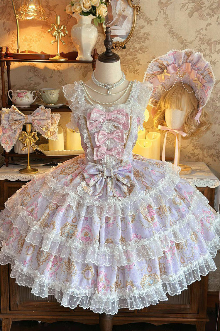Candelabrum Elegy Violet Triple-Layered Flower Wall Print Ruffled Bow Lace Lolita JSK - Candelabrum Elegy