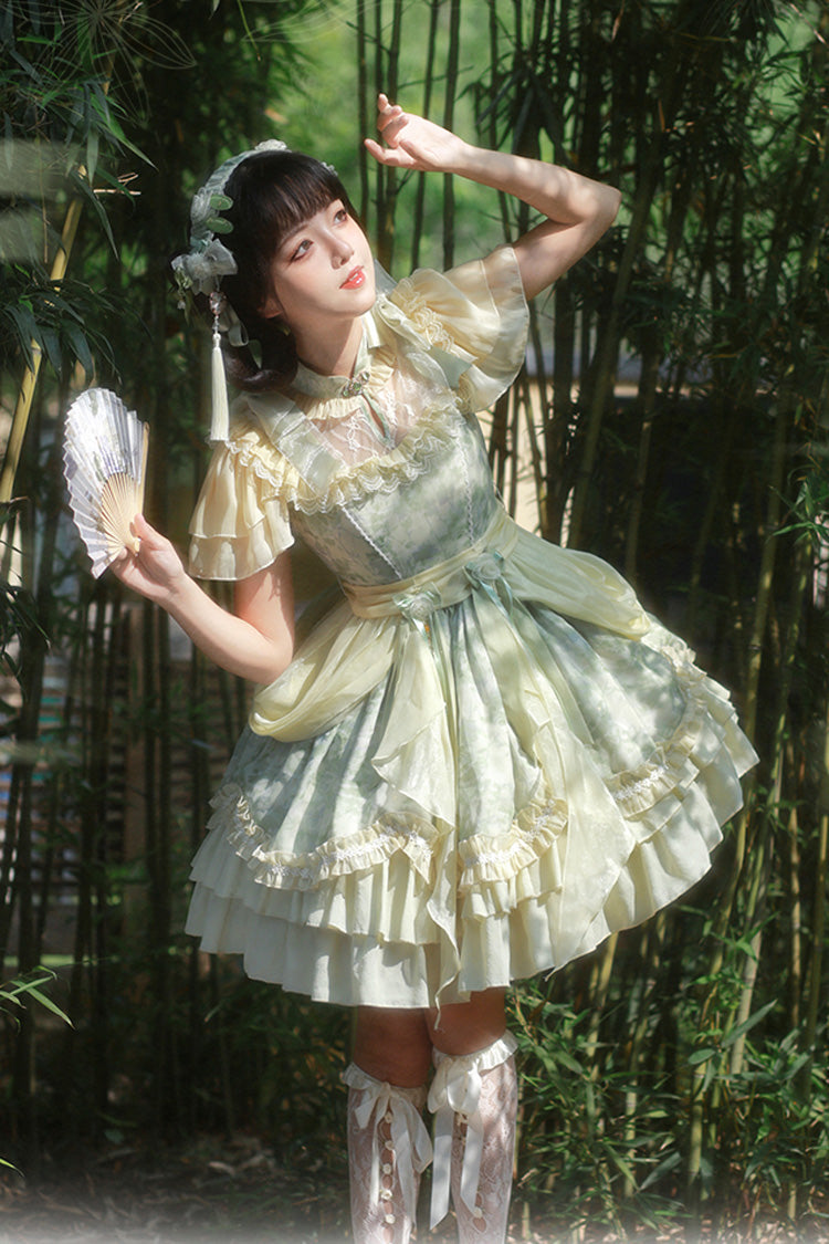 Jade Chiffon Double-Ruffle Bowknot Lace Chinese-Style Lolita Dress