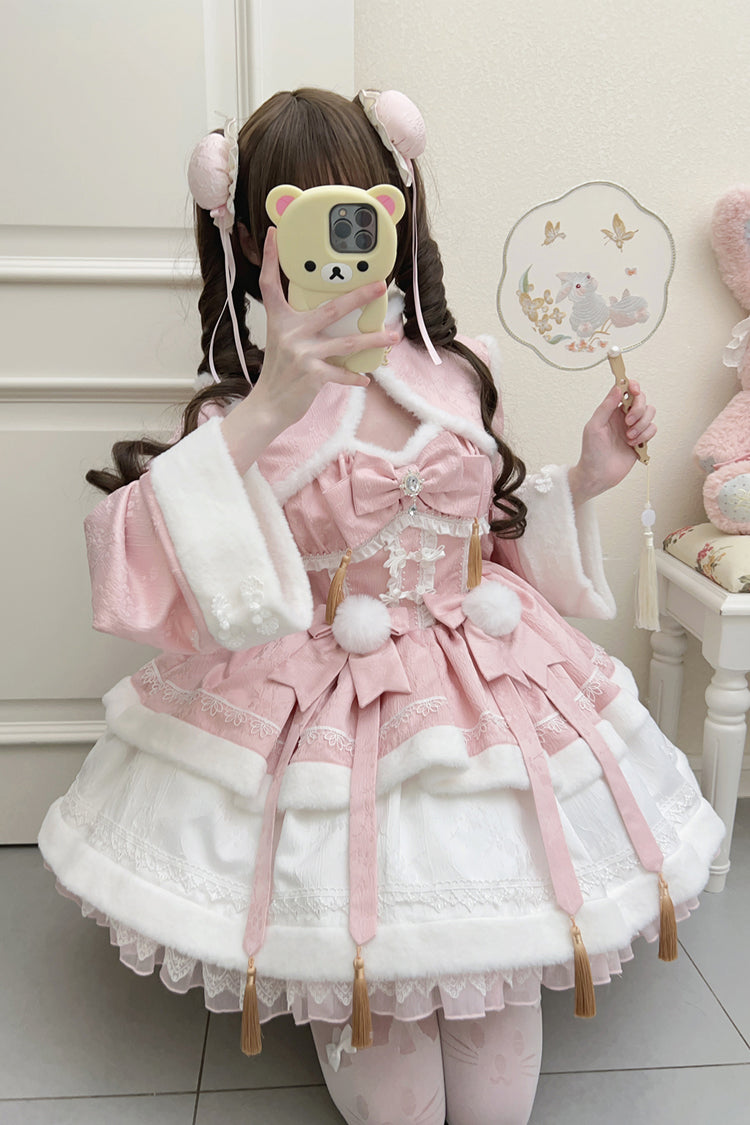 Sweet Two-Piece Dress with Ruffle Sleeves in Pink