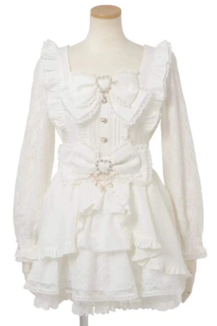 Cute Square-Neck Bow-Trimmed Short-Sleeve Lace Dress Set in Three Colors