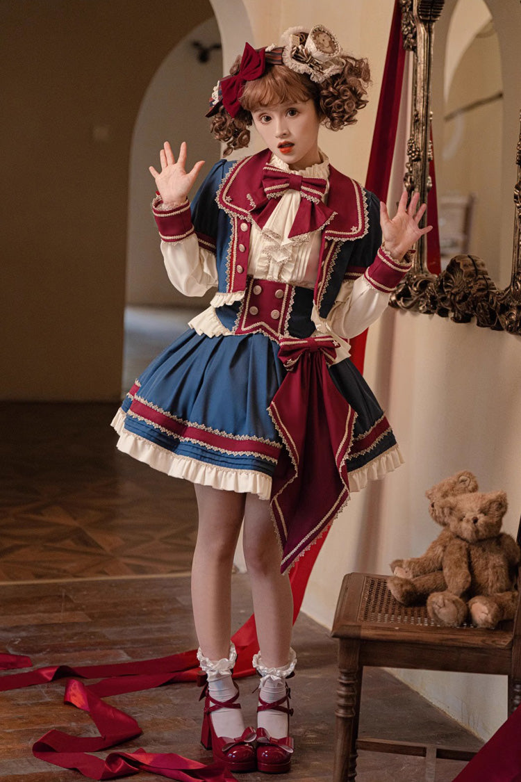Patriotic Star Round Collar Ruffled Sweet Lolita Skirt Set - Red White Blue