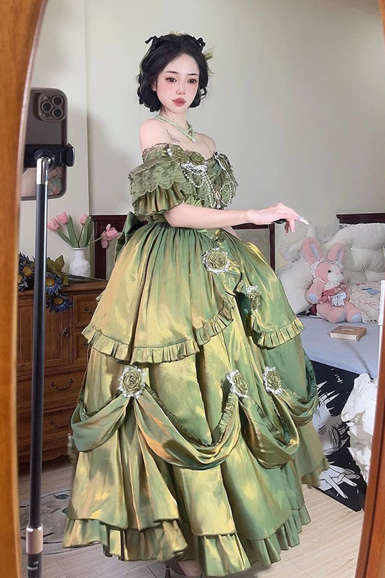Green Rose-Printed Sweet Strapless Dress with Bowknot