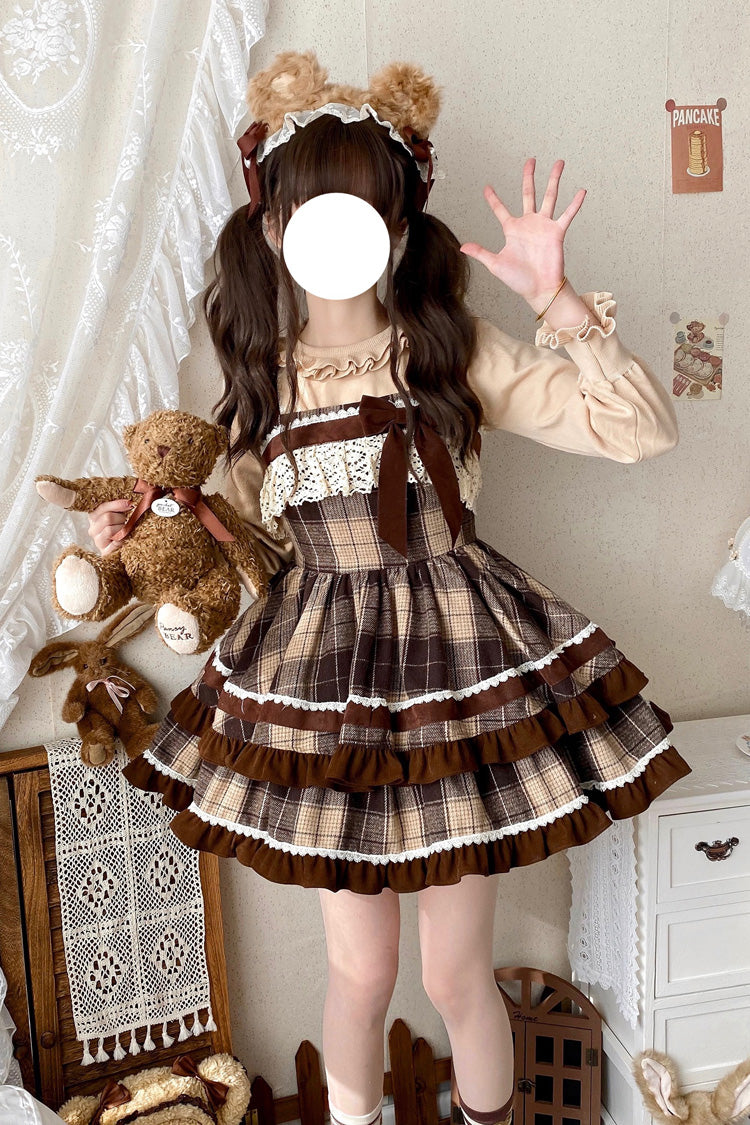 Cocoa Sleeveless Double-Layered Plaid Ruffle Bow Lace Sweet Lolita JSK