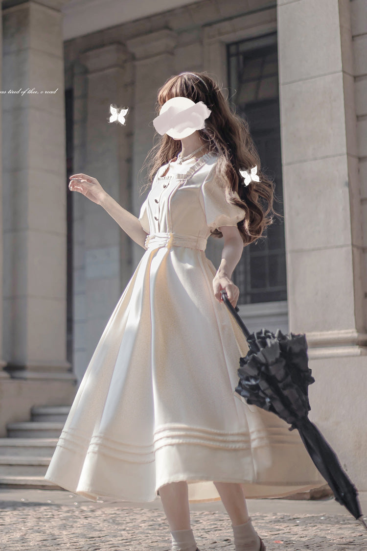 Apricot Classic Vintage Lolita Dress with Square Collar Short Sleeves and Ruffle Trim