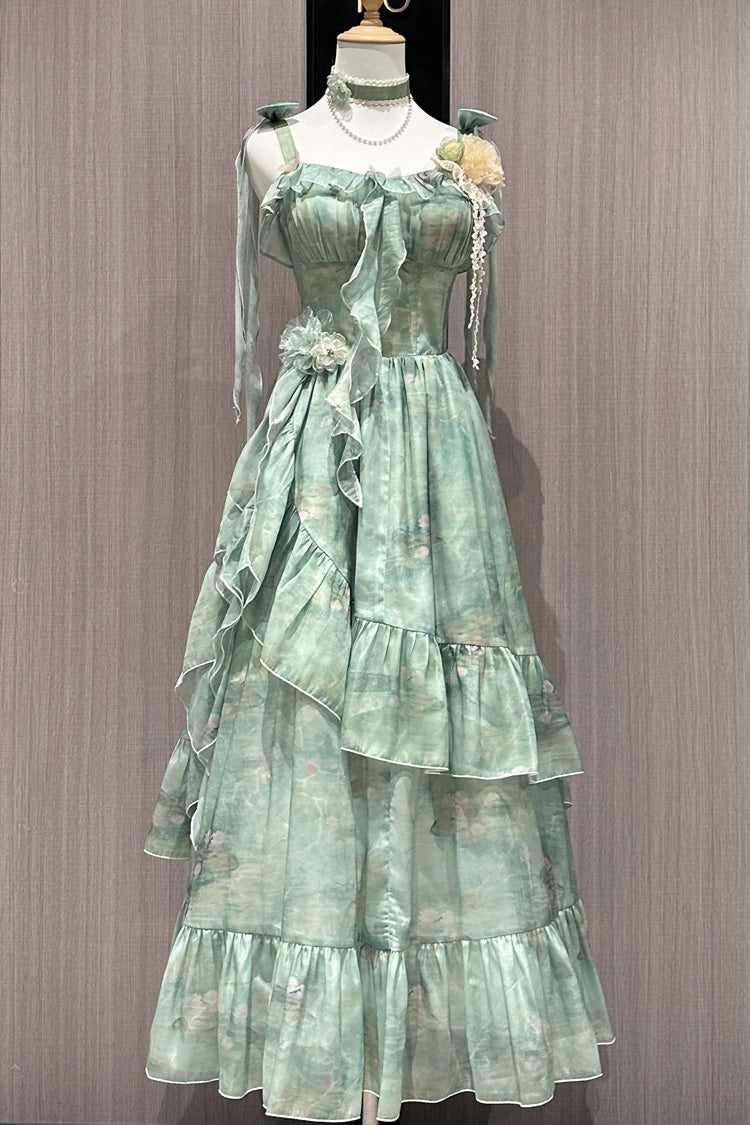 Green Sweet Lolita JSK Long Dress with Print and Ruffle Bowknot Style