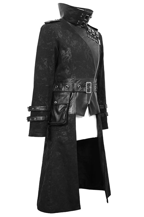 Printed Belted Long Punk Coat with Open Collar