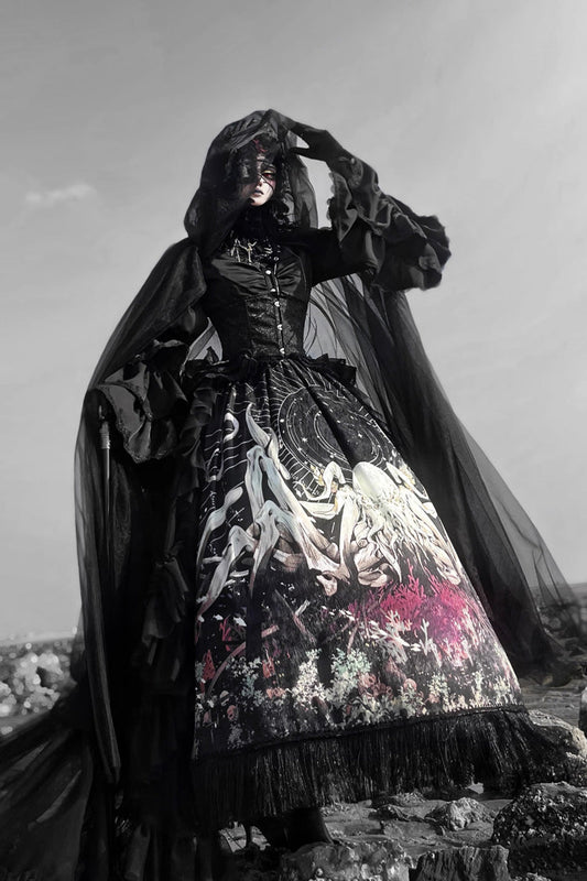 Black Reborn Ancient God Long Hime Sleeve Print Lace Gothic Lolita Skirt Set