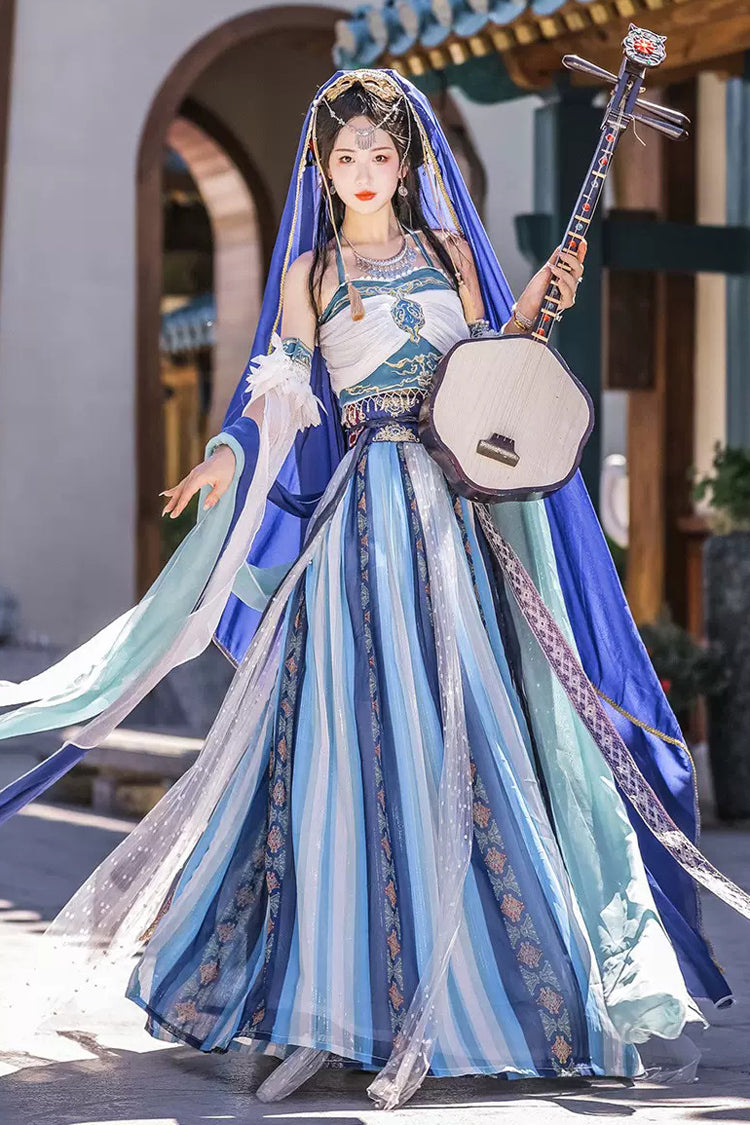 Dunhuang Hanfu Set with Exotic Print, High Waist, Irregular Hem