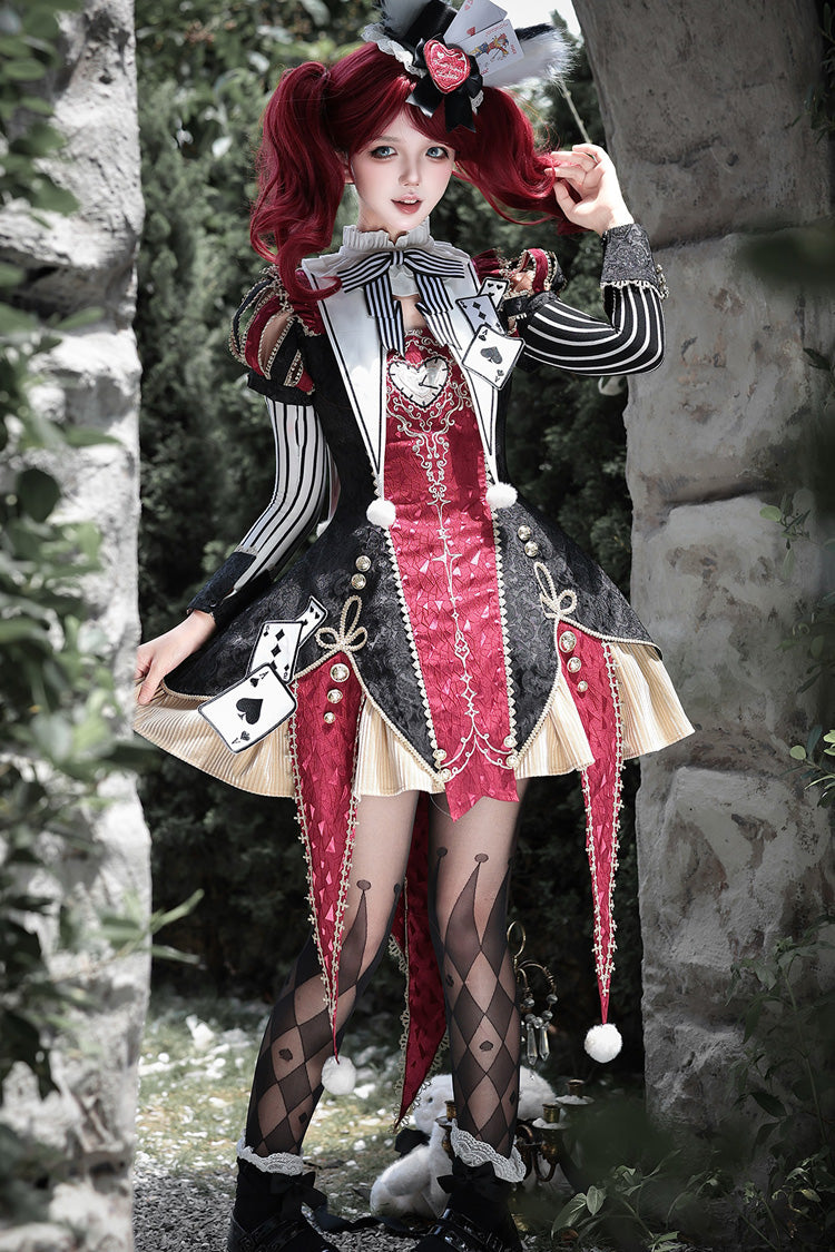 Black/Red Stand Collar Gothic Dress Set with Jacquard