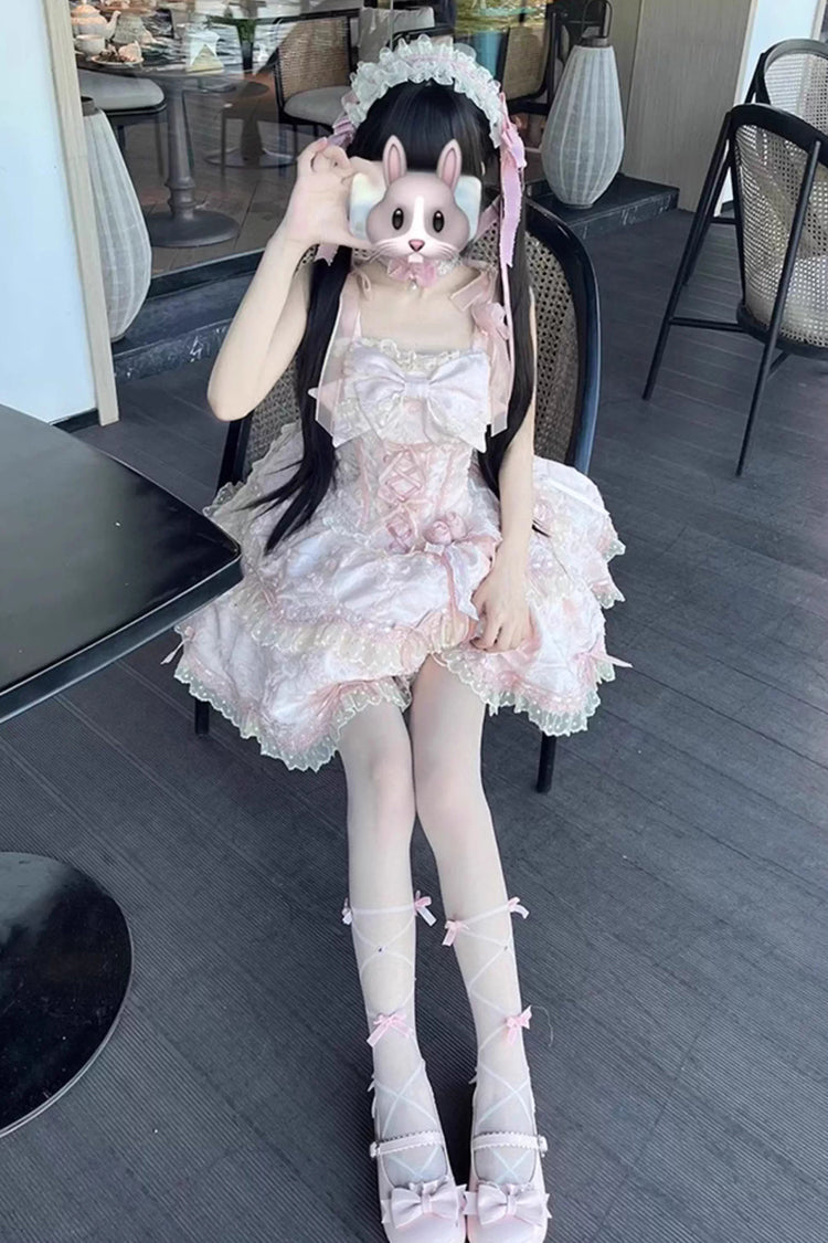 Pink Double-Layered Ruffled Embroidered Bow Lace Sweet JSK - Floral Overture
