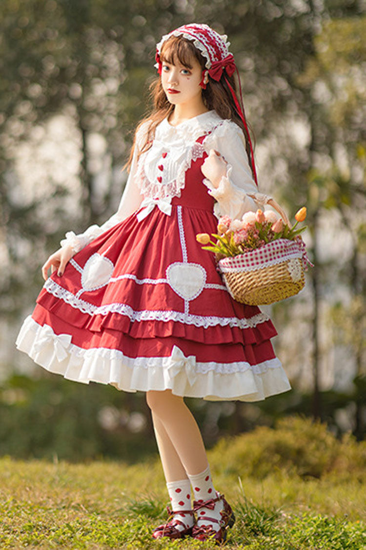 Wine Red Sweet Lolita JSK Dress with Lace and High Waist Bowknot - Altfashion Shop
