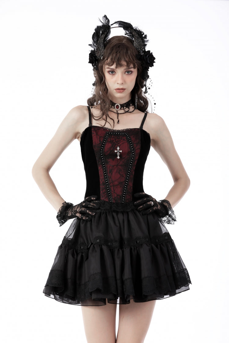 Dark Red Cross-Strap Jacquard Gothic Overbust Corset