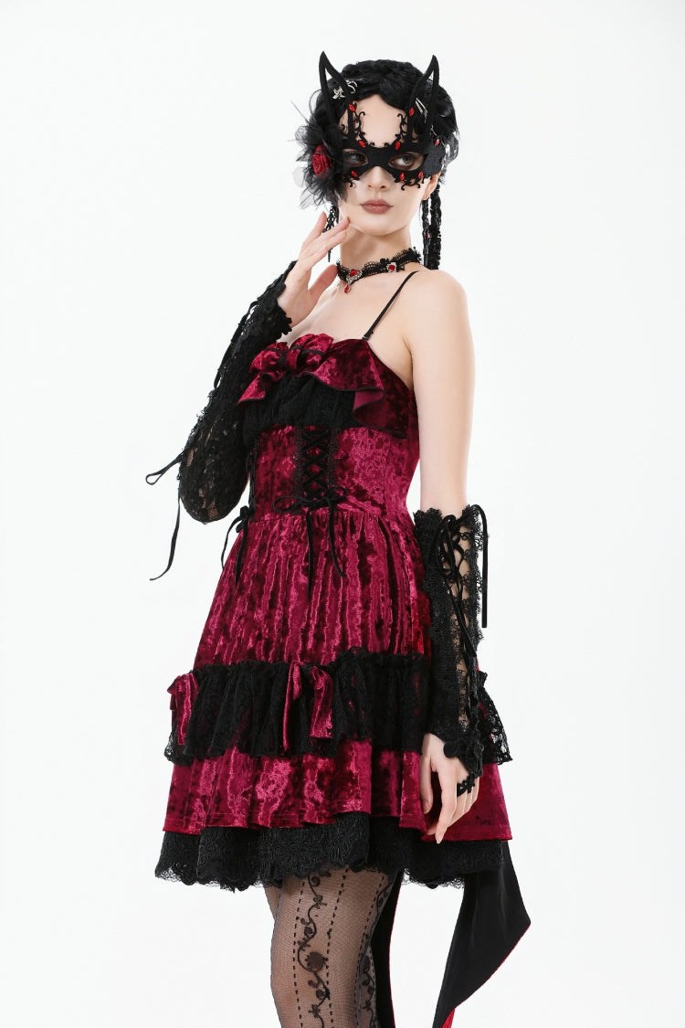 Wine Red Corset Lace-Up Velvet Irregular Tail Lolita Gothic Mini Dress