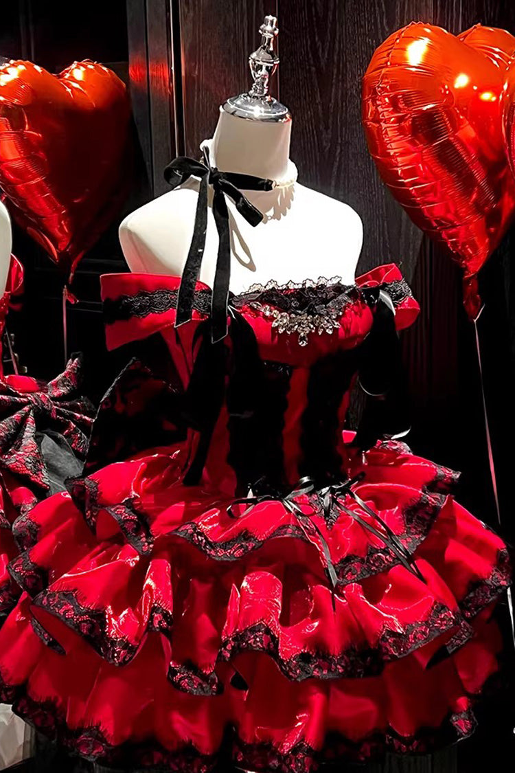 Sweet Lolita JSK Dress with Ruffled Lace and Lace-Up Back - Red
