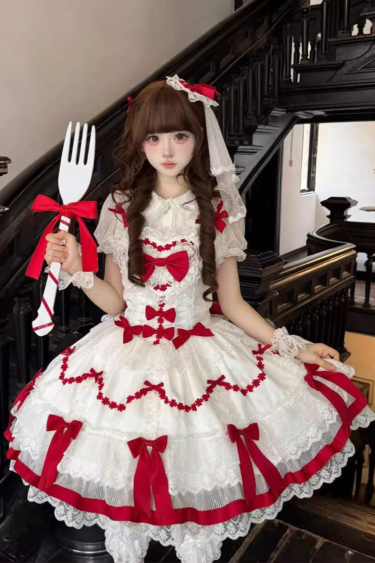 Red White Scarlet Heart Cocoa Sleeveless Triple-Layered Ruffle Embroidery Lace Sweet Lolita Jsk Dress