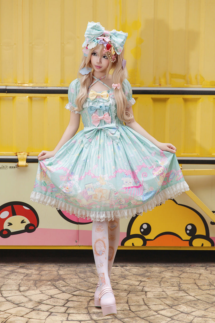 Green Square Collar Lantern Sleeve Sweet Lolita Dress with Bow Print - Macarons Dolly House