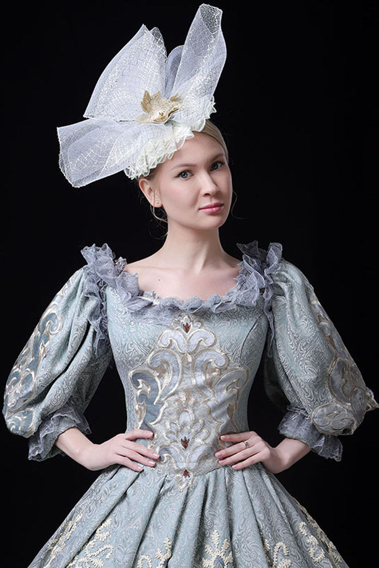 Azure Boat Neck Half Sleeves High-Waist Hollow Embroidery Floral Victorian Lolita Evening Gown
