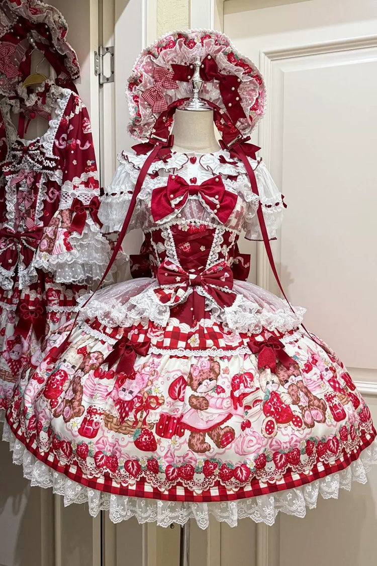 Red Sweet Lolita JSK Dress Printed Bow Lace Lace-Up - Sweet Berry Bunny Bear