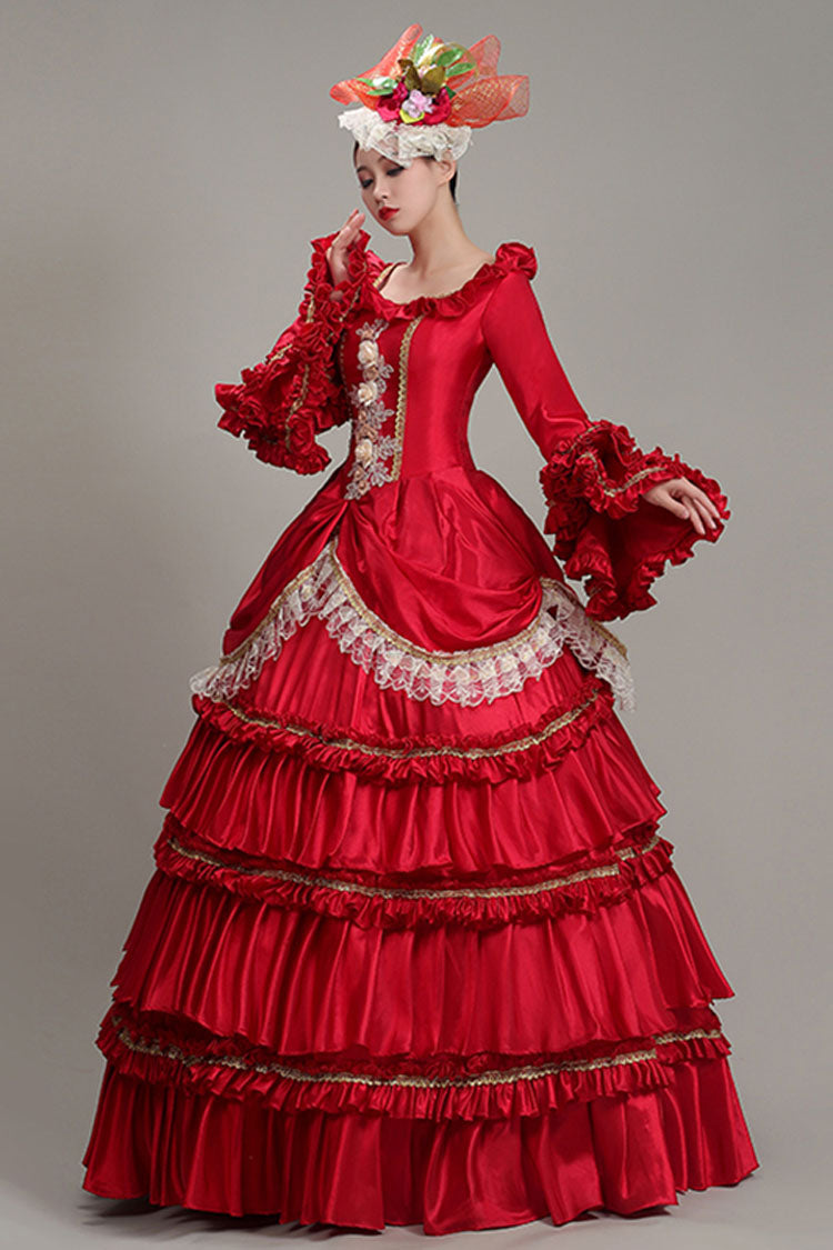 Crimson Victorian Lolita Tiered Prom Dress with Ruffled High Waist
